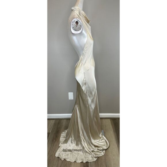 NWT Amanda Uprichard Cowl Halter Neck Open Back Silk Rainier Gown Chalk Medium $ - Picture 9 of 12